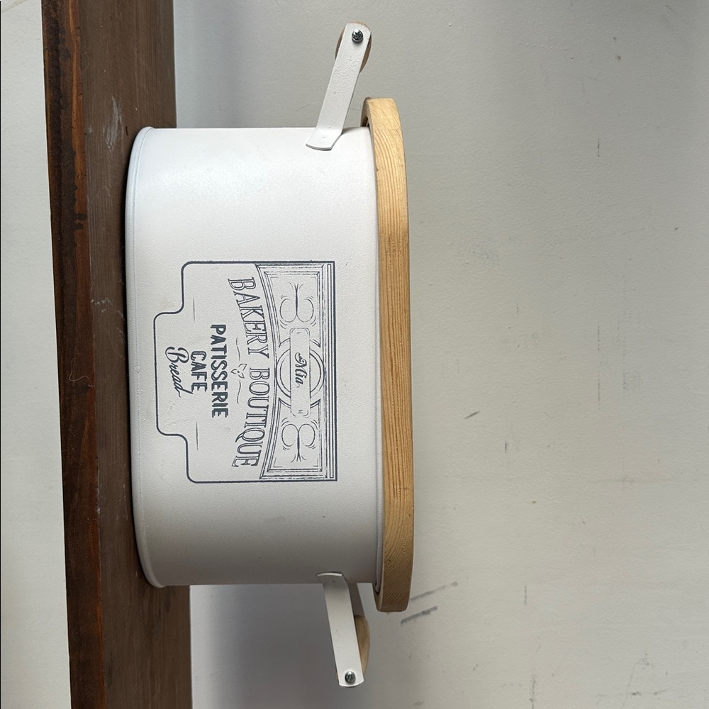 White Bread Box with Wooden Lid